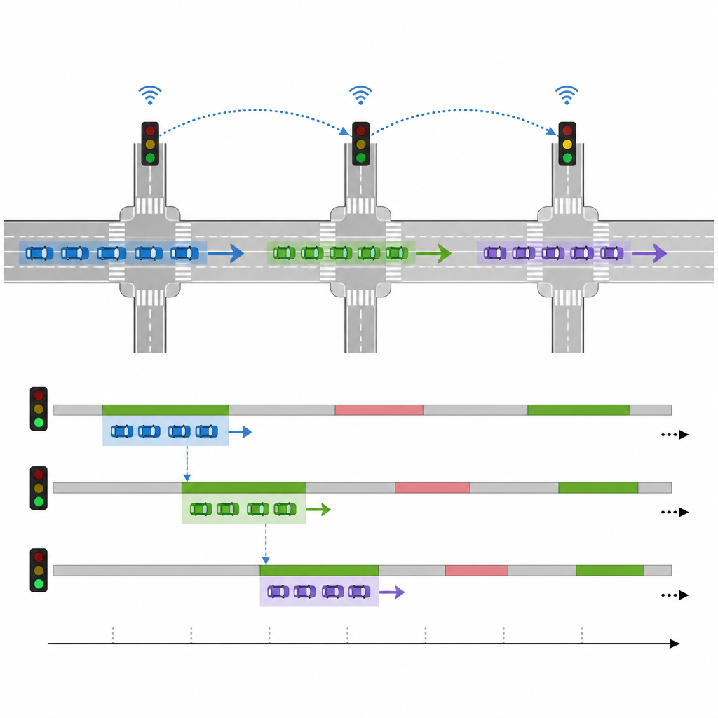 Figure 2. Neighboring intersections share key cues so green lights line up with arriving car groups over time.