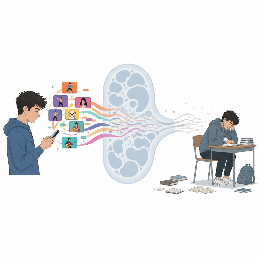 Figure 1. Wie dauerhafte Nutzung von Kurzvideos die Aufmerksamkeit von Lerninhalten abziehen kann und zum Abschalten in der Schule führt.