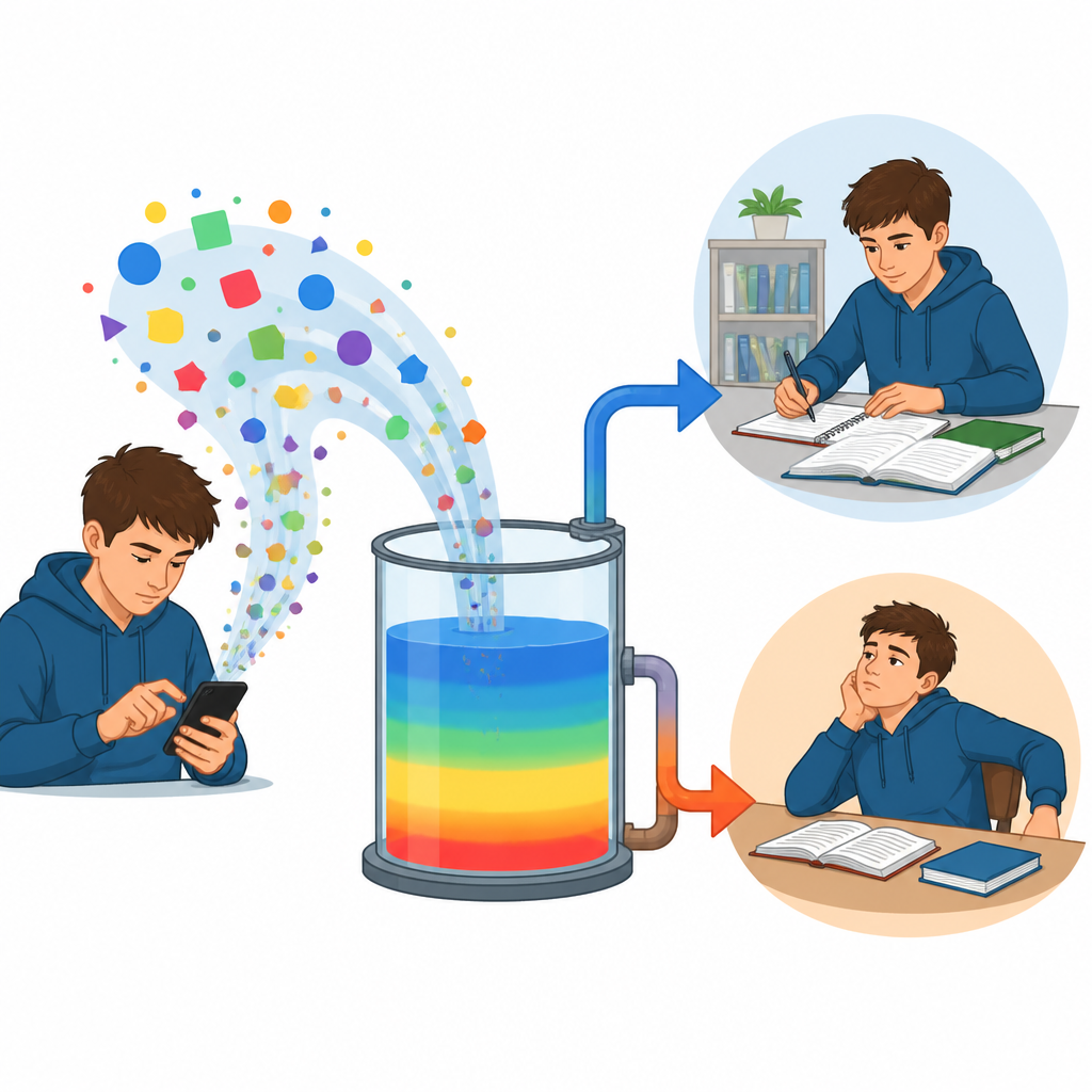 Figure 2. Wie intensiver Kurzvideokonsum die Selbstkontrolle erschöpft und beeinflusst, ob Studierende engagiert bleiben oder sich vom Lernen abwenden.