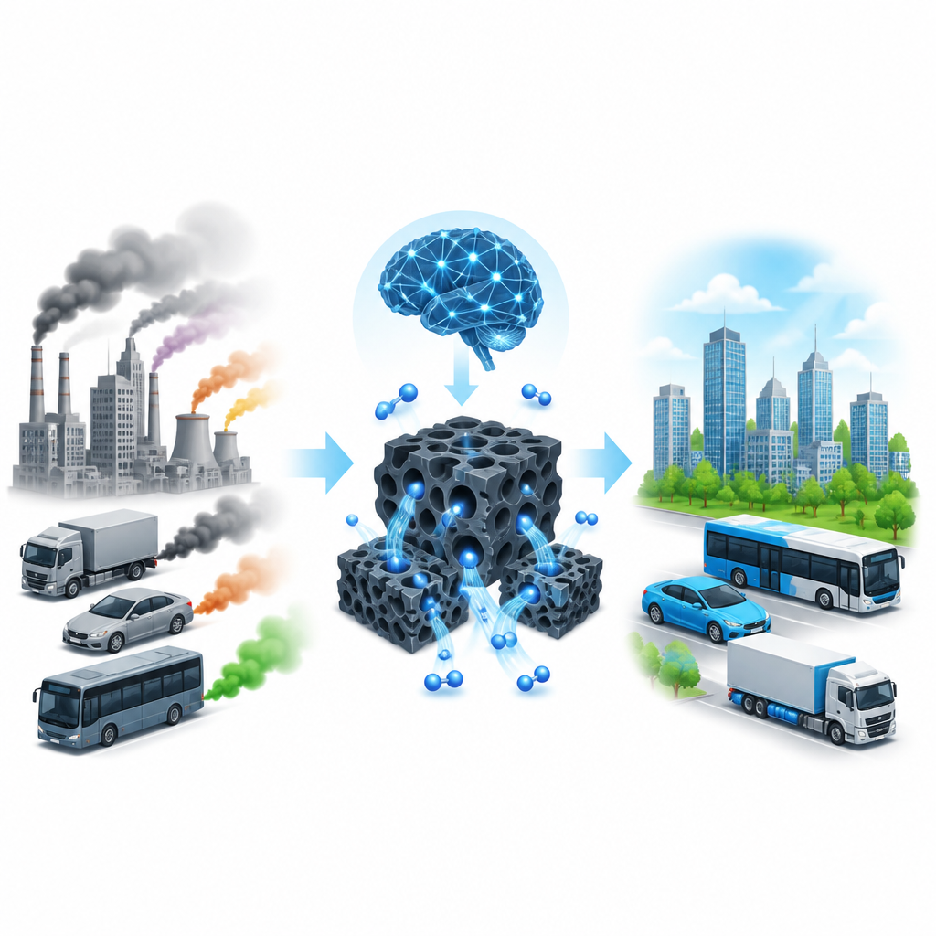 Figure 1. AI helpt bij het ontwerpen van poreuze koolstofsponzen zodat voertuigen waterstofbrandstof veiliger en efficiënter kunnen opslaan.
