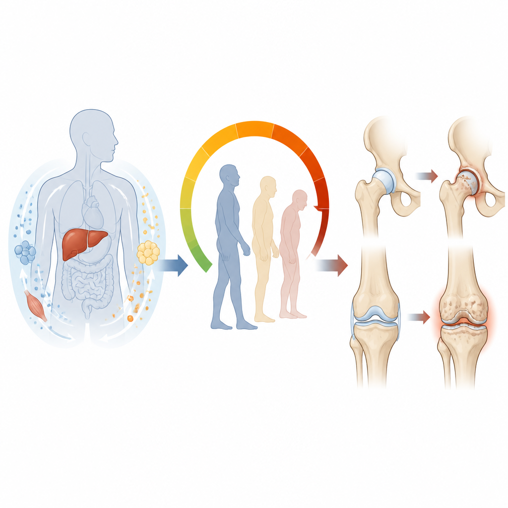 Figure 1. How liver fat and body aging together relate to the chances of having sore, damaged joints.