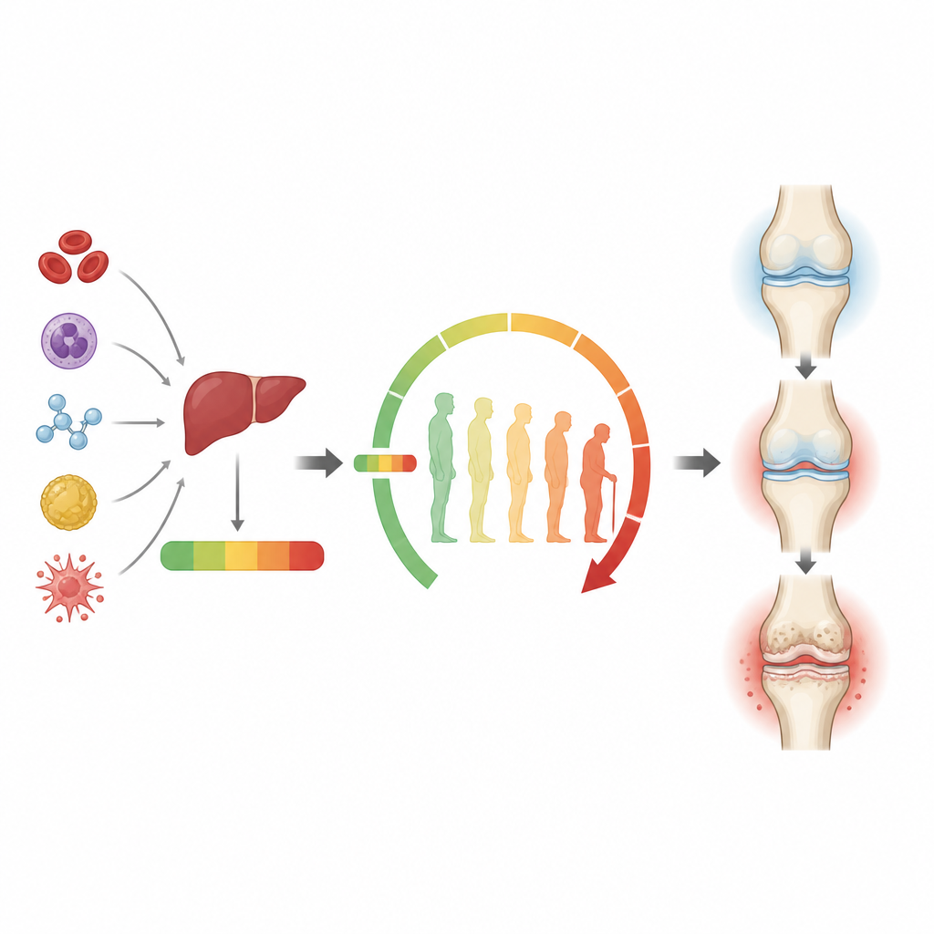 Figure 2. How blood markers combine into a liver fat score that feeds into faster aging and worsening knee joint damage.