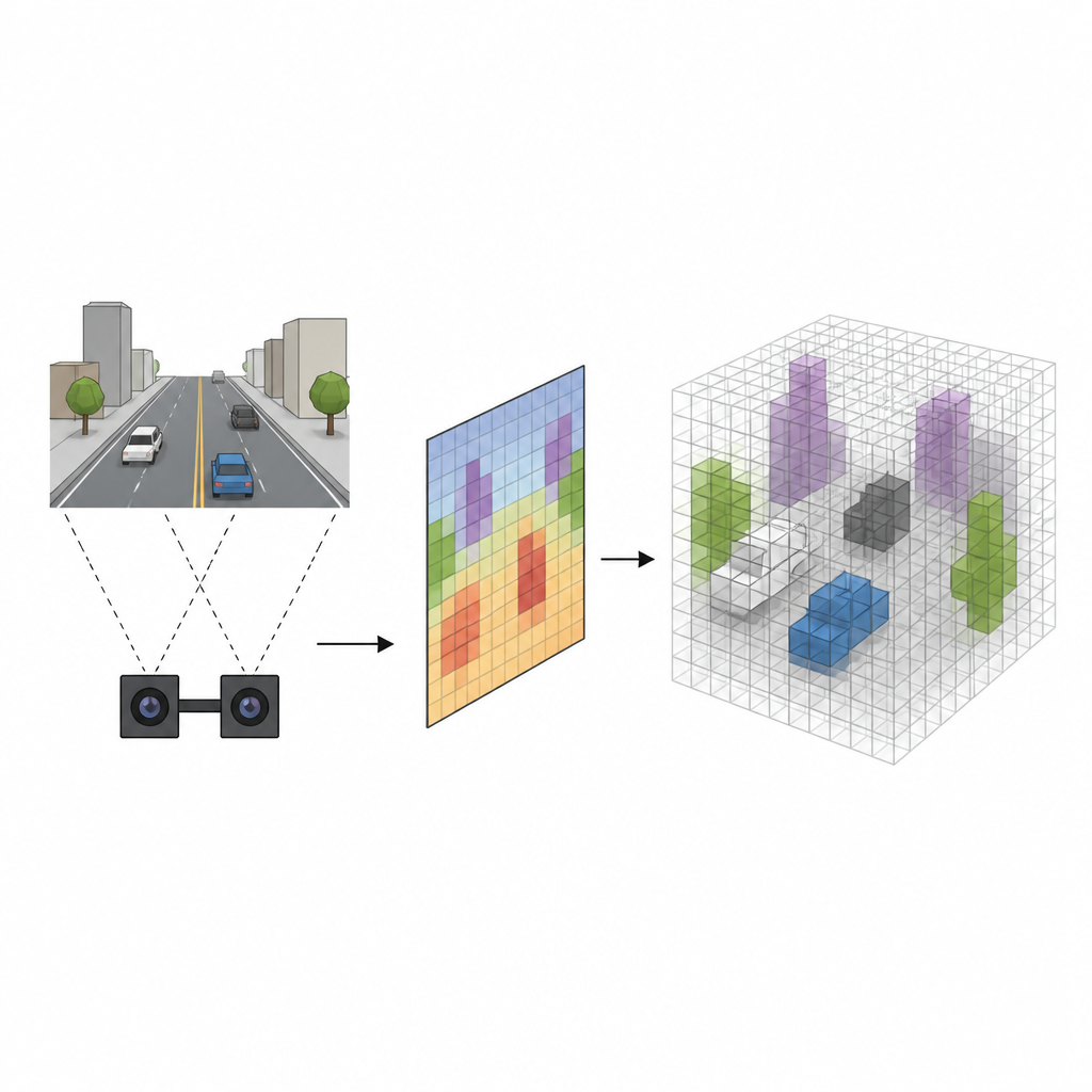 Figure 1. Stereo kameraların yol görüntülerini yakındaki araçlar ve engellerin basit bir 3B ızgara haritasına nasıl dönüştürdüğü.
