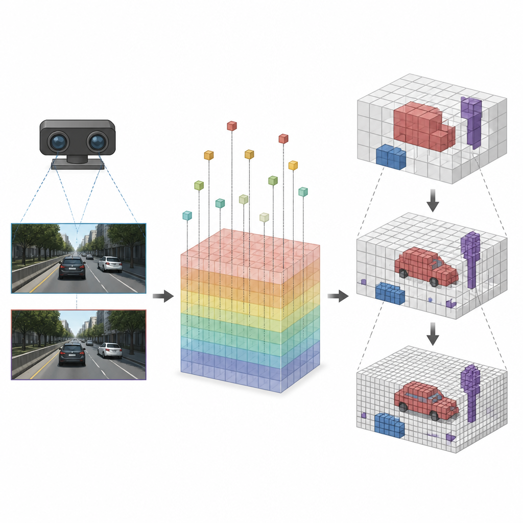 Figure 2. Sistemin, gerçekten dolu alanlara odaklanmak için özellikleri nasıl örneklediği ve çok ölçekli voxel ızgaralarını nasıl rafine ettiği.