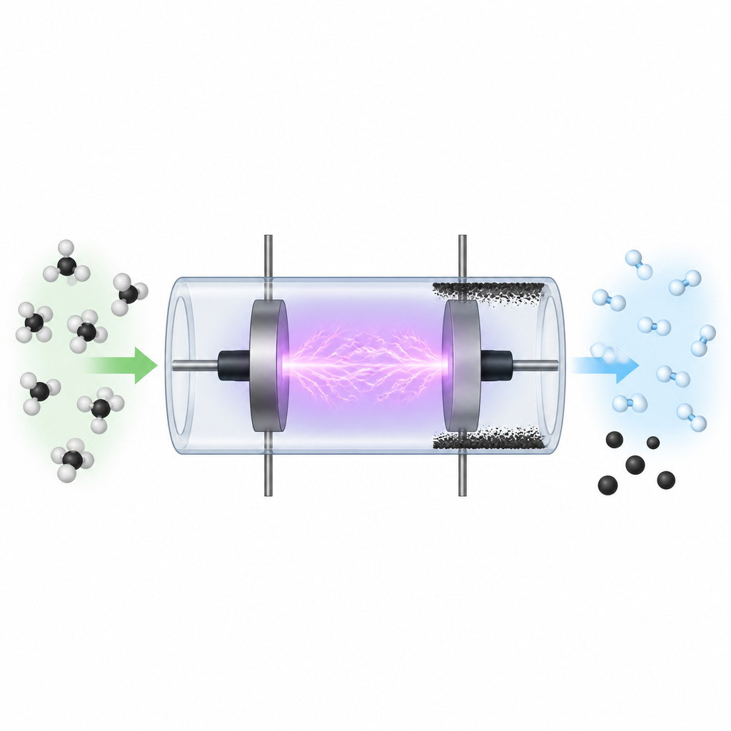 Figure 1. Van methaangas naar waterstof en koolstofafzettingen in een gloeibuis van plasma.