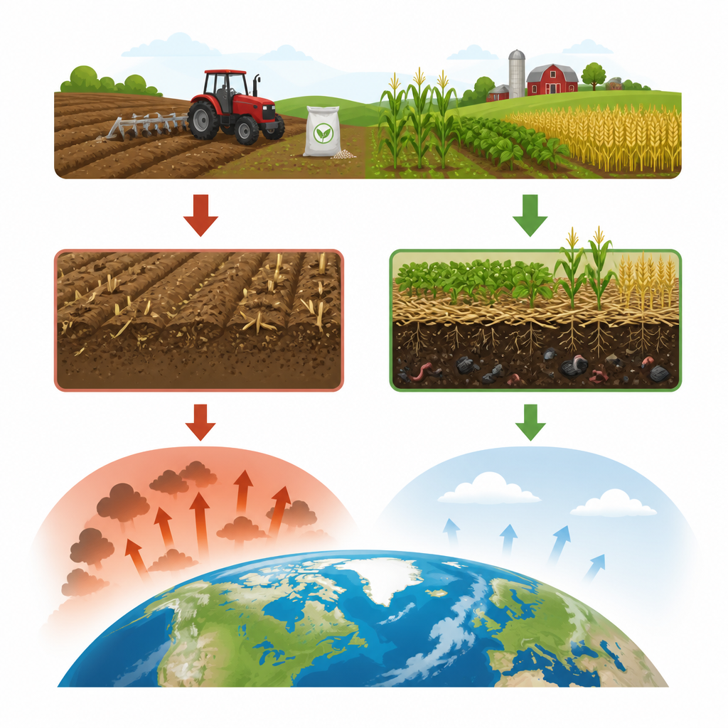 Figure 1. Çiftçilik uygulamalarının ve yerel çevrenin birlikte ürün üretiminin karbon ayak izini nasıl değiştirdiği.
