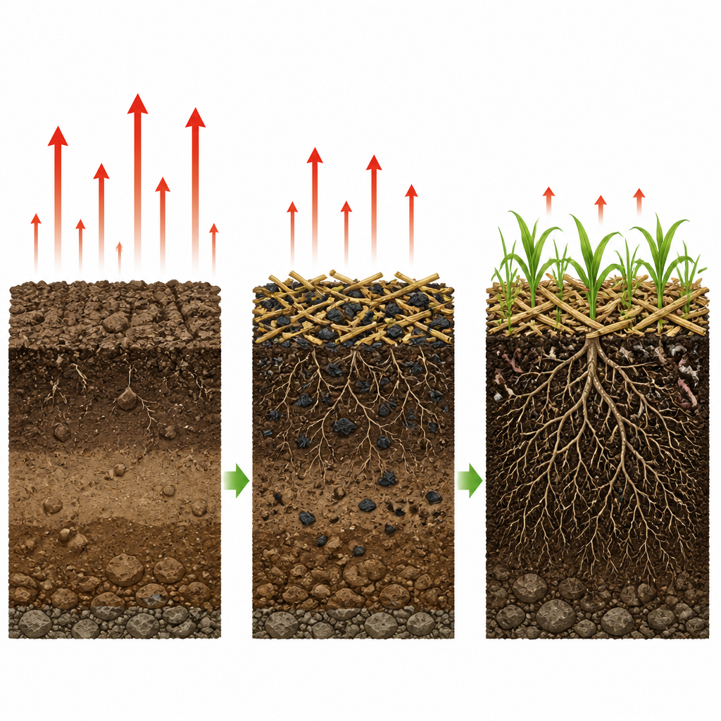 Figure 2. Organik madde ilavesinin ve daha nazik toprak işleme uygulamalarının toprak süreçlerini nasıl değiştirerek daha fazla karbon depoladığı ve daha az gaz salımı sağladığı.