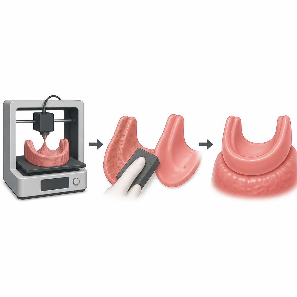 Figure 1. Comment le polissage des prothèses imprimées en 3D peut lisser des surfaces rugueuses et réduire l’accumulation microbienne cachée.
