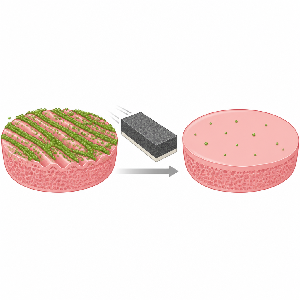 Figure 2. Le polissage transforme une surface de prothèse rugueuse et riche en germes en une surface plus lisse avec moins de microbes actifs, sans altérer la résistance.