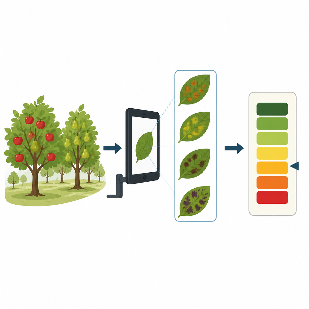 Figure 1. Geautomatiseerd systeem controleert appel- en perenbladeren op fotos om te beoordelen hoe ernstig verschillende ziektes zich hebben verspreid.