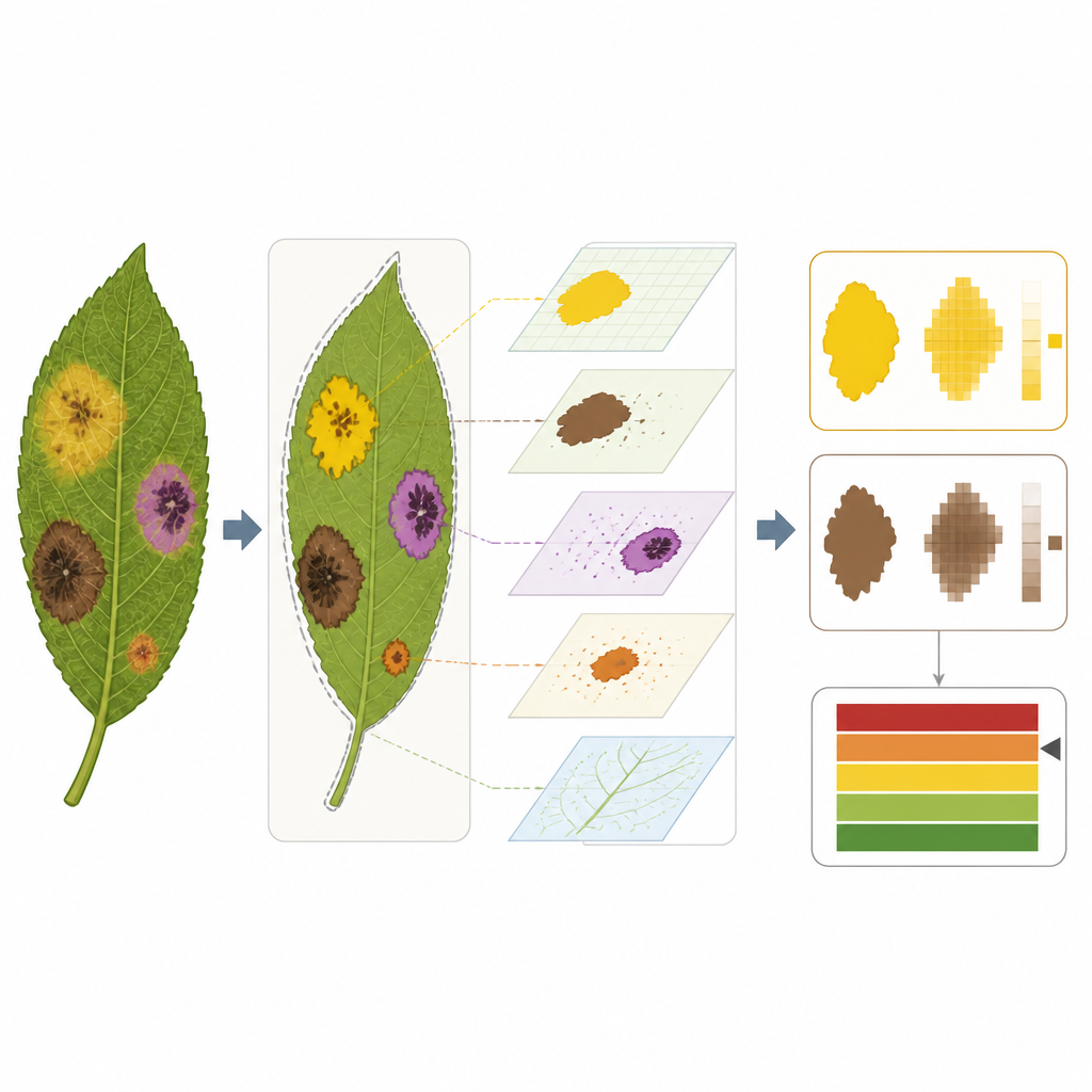 Figure 2. Het model scheidt zieke plekken op het blad, meet hun oppervlaktes en combineert die tot een samengestelde meertraps-ernstscore.