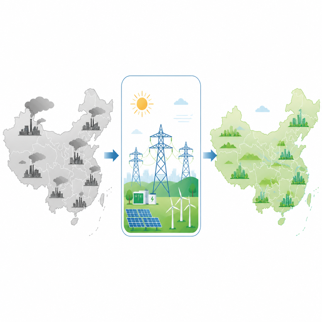 Figure 1. Hoe het verschuiven van China’s energiegebruik naar elektriciteit zowel luchtkwaliteit als klimaatimpact over verschillende regio’s verandert.