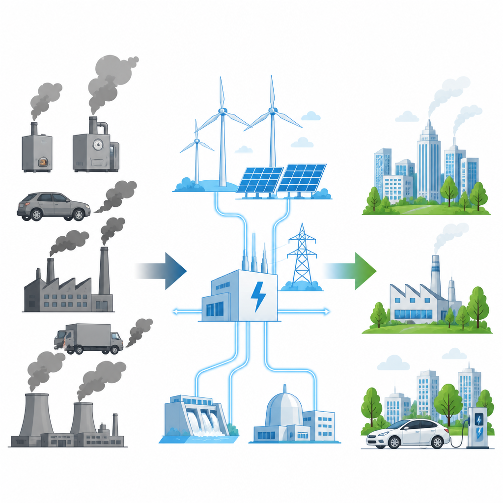Figure 2. Hoe het vervangen van direct gebruik van fossiele brandstoffen door schonere elektriciteit in fabrieken, transport en steden stap voor stap leidt tot minder rook en CO2.
