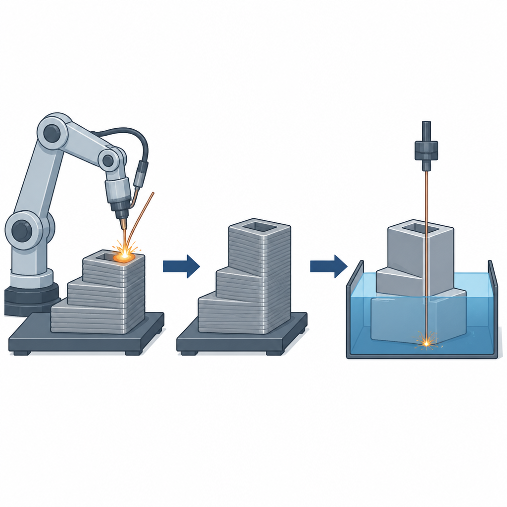 Figure 1. Gelaagd metalen onderdeel gebouwd door lassen wordt later vonksgewijs uitgesneden voor een gladde, nauwkeurige eindvorm.