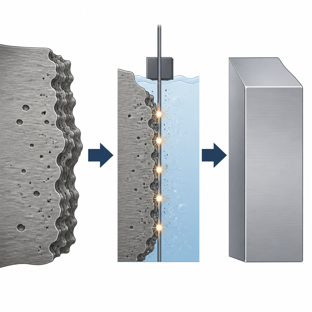 Figure 2. Ruwe gelaagde stalen wand wordt plaatselijk verfijnd door vonken tot een gladdere, rechtere oppervlakte.
