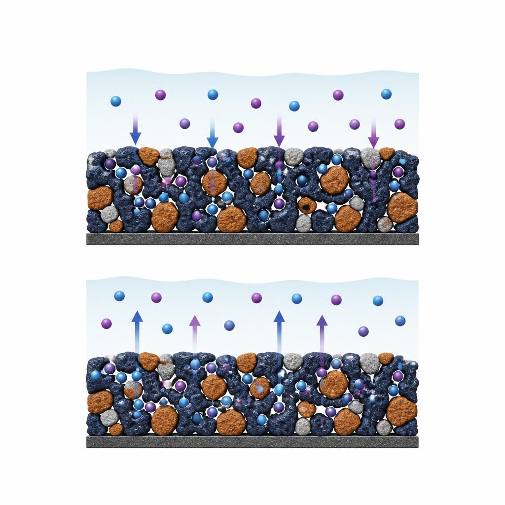 Figure 2. Zwei Ionensorten gleiten in und aus einem porösen Nano‑Gemisch, um mehr Energie in einem schnell ladenden Superkondensator unterzubringen.