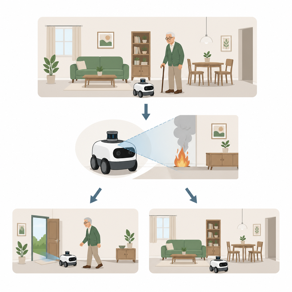 Figure 1. Hoe een thuishulprobot binnenshuis brand en rook vroeg signaleert om een oudere bewoner te beschermen