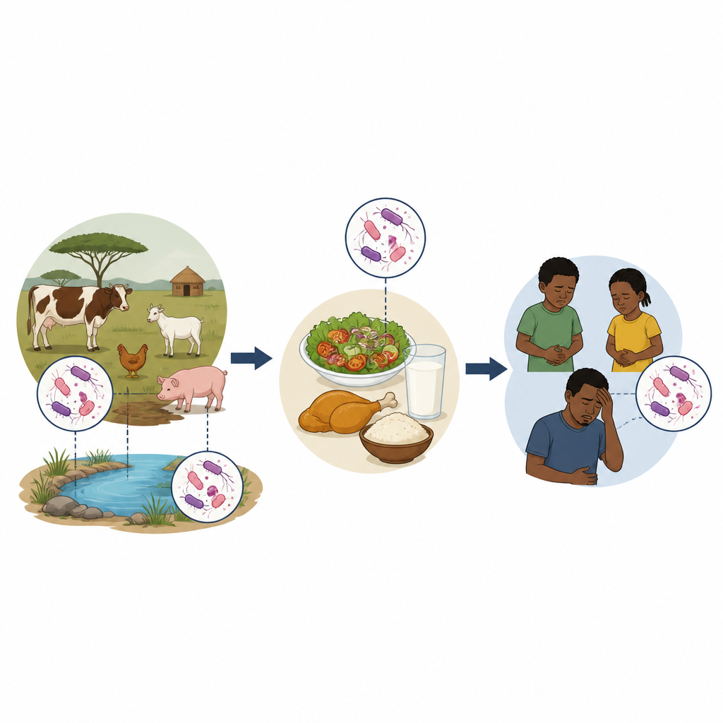 Figure 1. How germs move from farm animals and water into food and then into people across Africa.