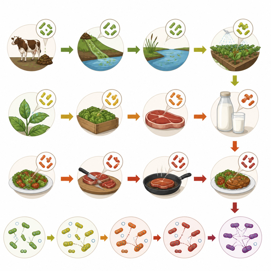 Figure 2. Step-by-step journey of harmful bacteria and their growing drug resistance from waste to food to people.