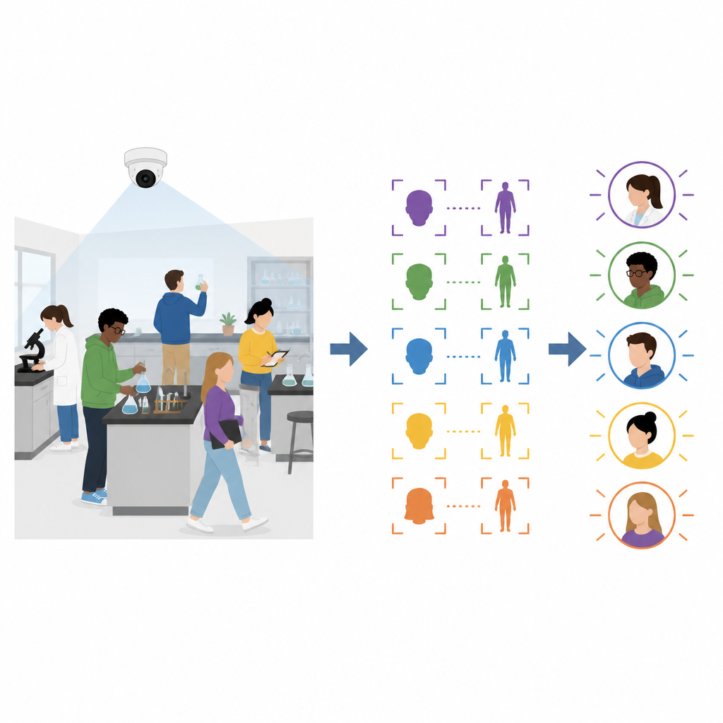 Figure 1. Cómo un sistema de IA sigue a estudiantes en movimiento y sus acciones en un concurrido aula de ingeniería.