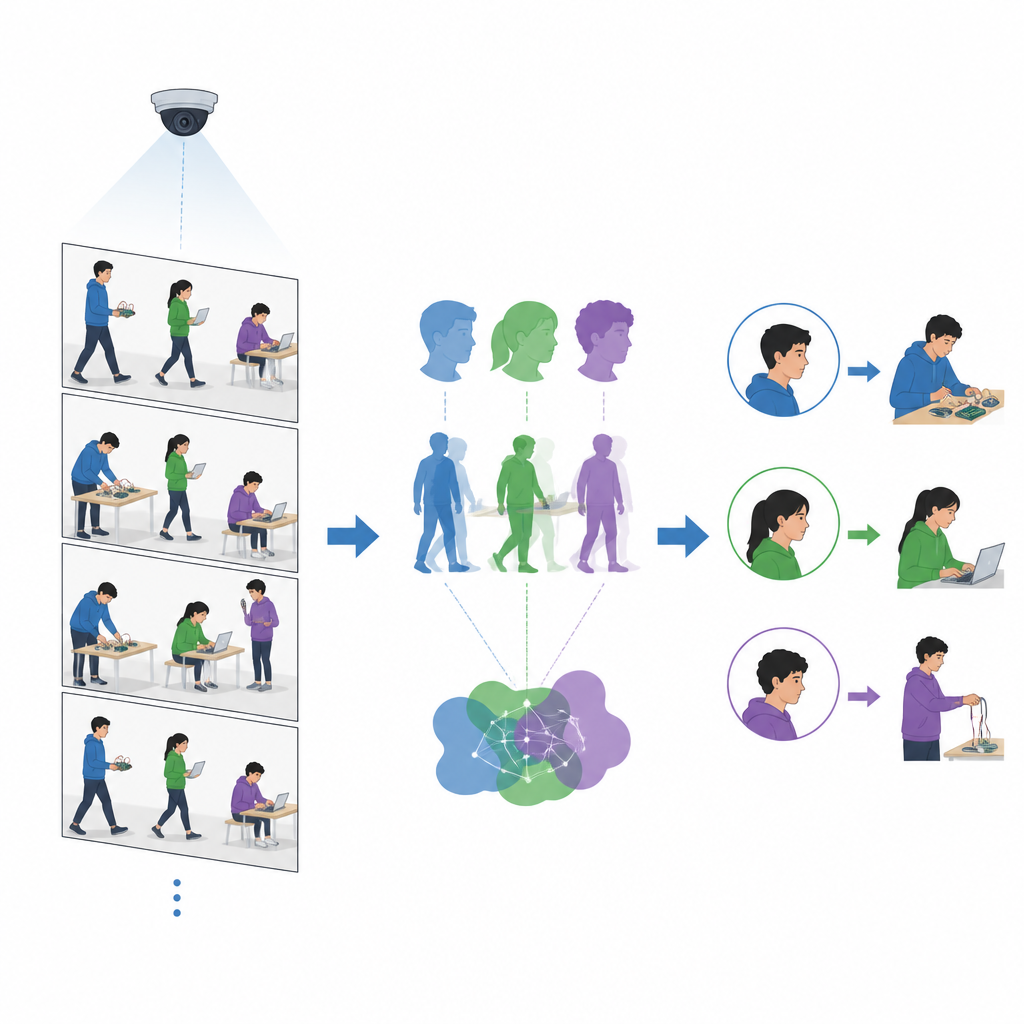 Figure 2. Cómo el algoritmo fusiona vistas cambiantes de la cara y el cuerpo a lo largo del tiempo para identificar con fiabilidad a los estudiantes y detectar acciones clave en el laboratorio.