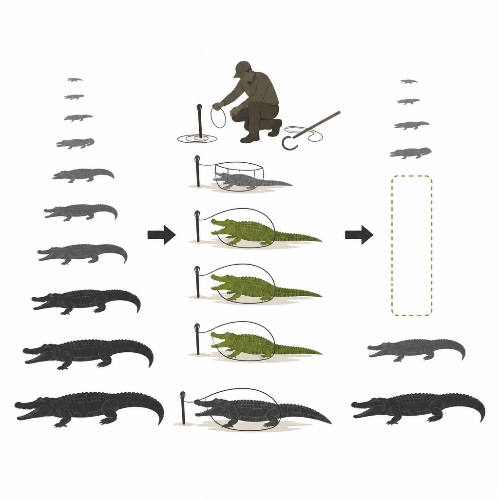 Figure 2. Come i cacciatori rimuovono selettivamente i coccodrilli nani di taglia media, lasciando nelle aree selvatiche una composizione delle dimensioni distorta.