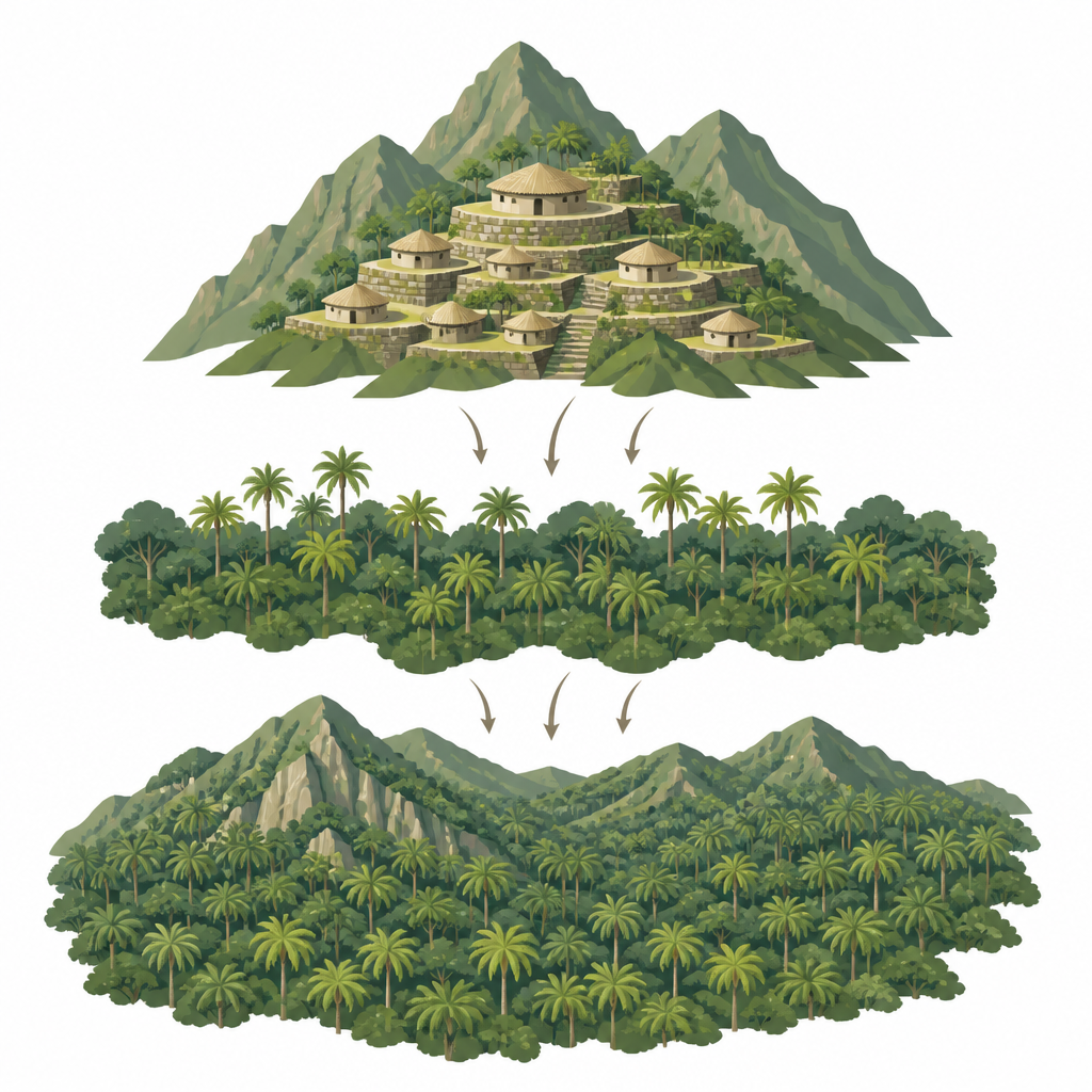 Figure 1. Antike Bergsiedlungen hinterlassen dauerhafte, palmenreiche Waldmuster, die aus dem Weltraum erkennbar sind.