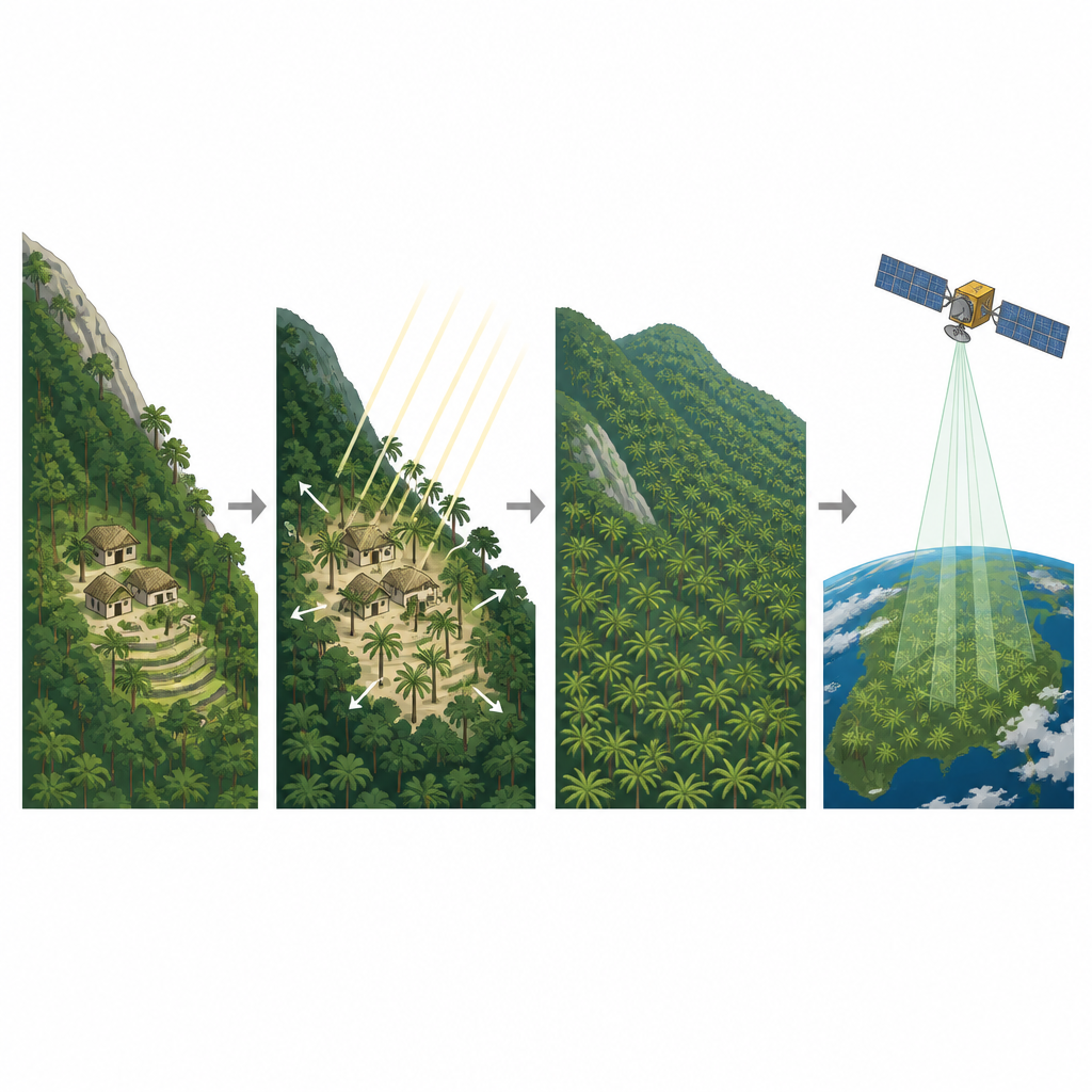 Figure 2. Frühere Siedlungsaktivitäten formen dichte Palmengruppen, die moderne Satelliten ohne Ausgrabung nachweisen können.
