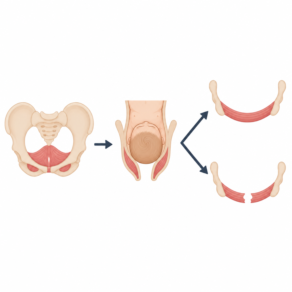 Figure 1. Hoe de vorm van het bekken tijdens de bevalling verborgen spierletsels kan beïnvloeden die de darmcontrole aantasten na een eerste vaginale bevalling.