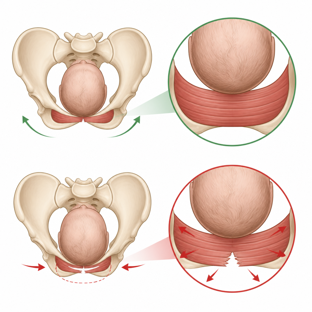 Figure 2. Vergelijking van brede versus smalle bekkenopeningen die laten zien hoe de doorgang van de baby de anale sfincterspieren kan belasten en beschadigen.