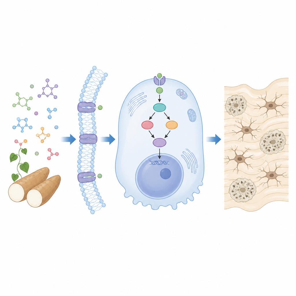 Figure 2. Hoe moleculen uit Chinese yam botvormende cellen activeren om stap voor stap sterker botweefsel te herbouwen.