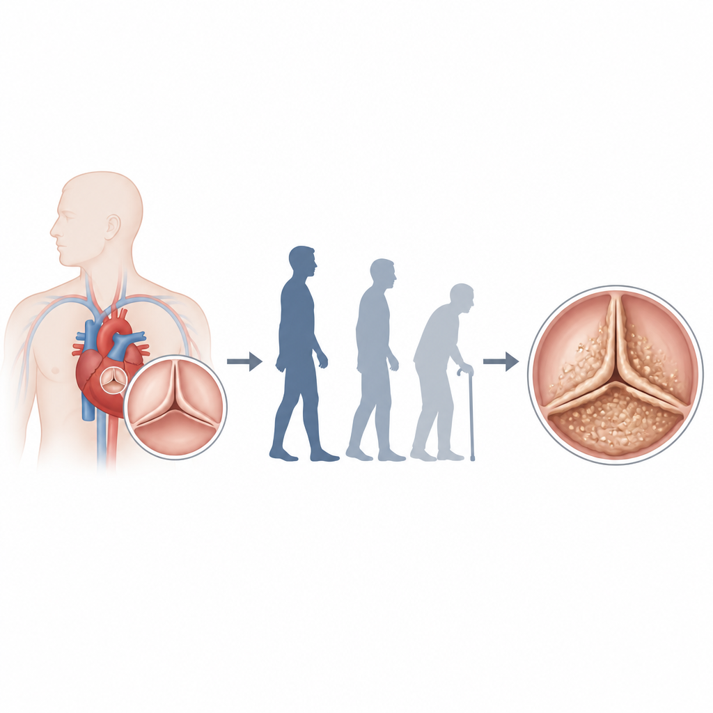 Figure 1. Starzenie przemienia niegdyś elastyczną zastawkę serca w sztywną, zwapniałą strukturę, co obciąża serce.