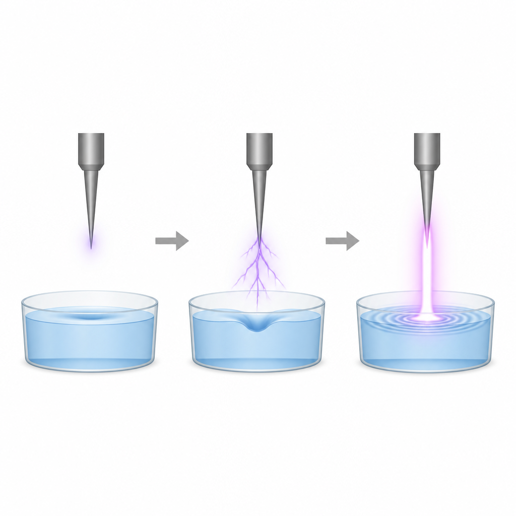 Figure 1. Wie unterschiedliche Funkenstärken über Wasser vom kleinen Dellen bis zur tiefen Höhlung und zu ausbreitenden Wellen übergehen.