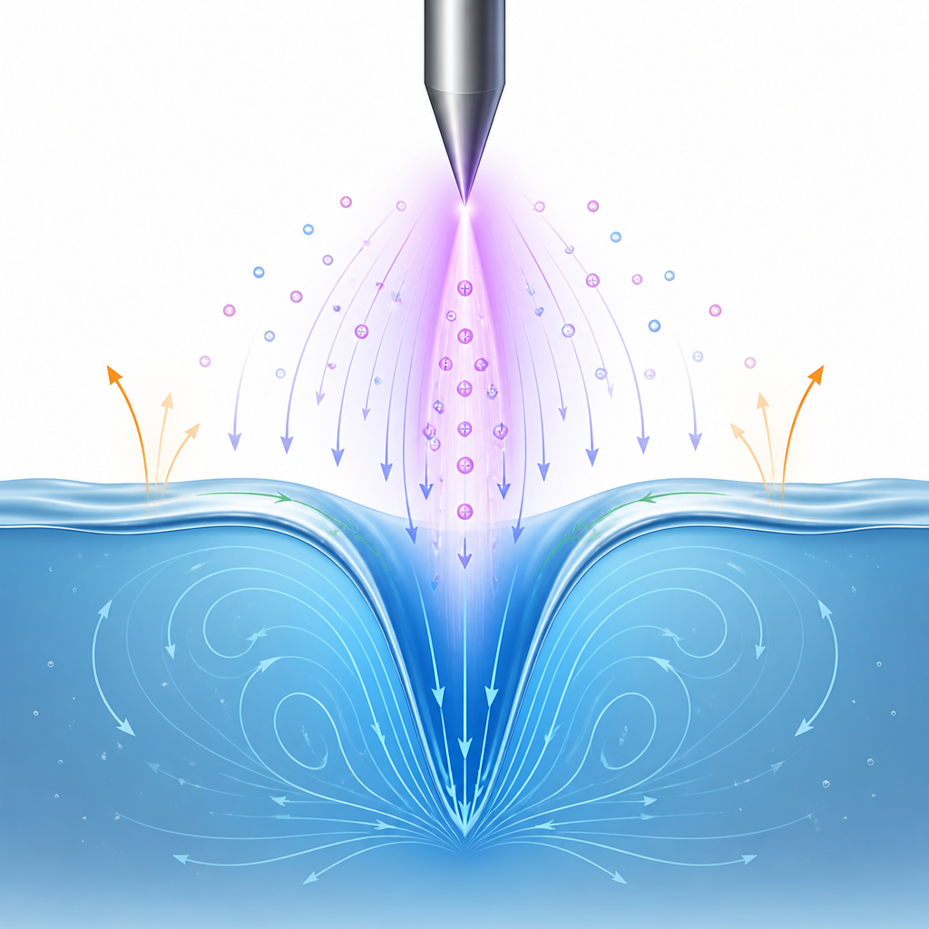 Figure 2. Wie ein einzelner Plasmastrahl über Wasser eine nach unten gerichtete Höhlung und wirbelnde Strömungen durch konkurrierende physikalische Kräfte antreibt.