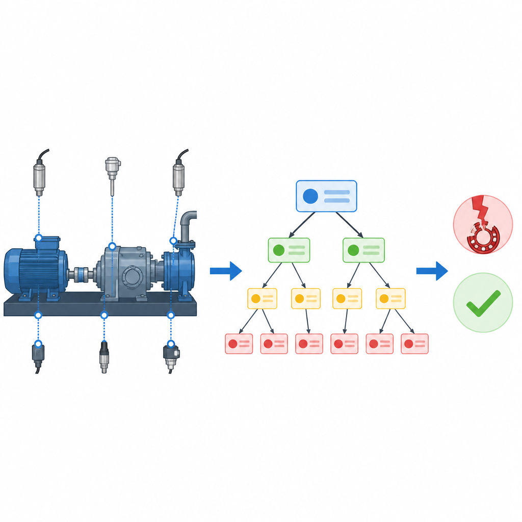 Figure 1. Come un albero di regole a strati monitora macchine complesse per decidere se sono sane o guaste usando solo segnali sensoriali chiave.