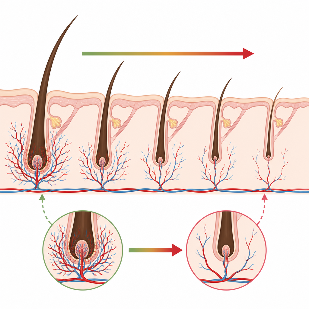 Figure 1. Come i piccoli vasi sanguigni intorno alla radice del capello sostengono una crescita sana dei capelli e cambiano con l’età e gli ormoni