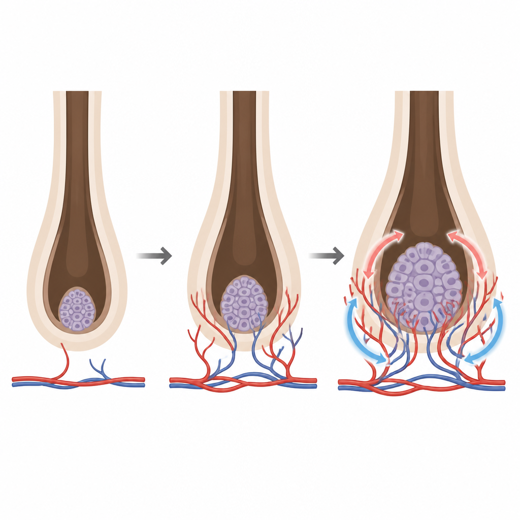 Figure 2. Loop di segnalazione graduale tra le cellule del bulbo pilifero e i capillari vicini che mantiene la crescita dei capelli o fallisce nell’invecchiamento e sotto stress ormonale