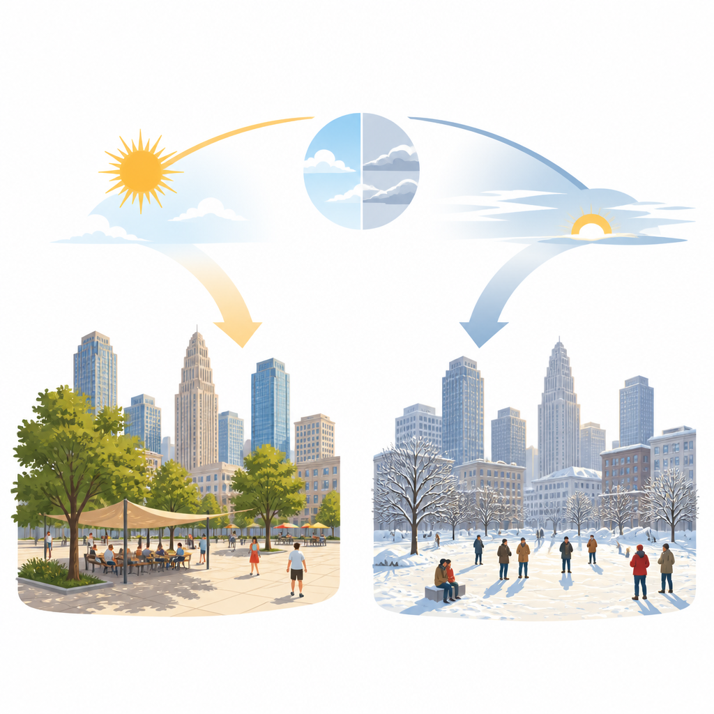 Figure 1. Come la conformazione della città e le stagioni insieme influenzano la percezione di comfort all'aperto in una città a clima molto freddo.