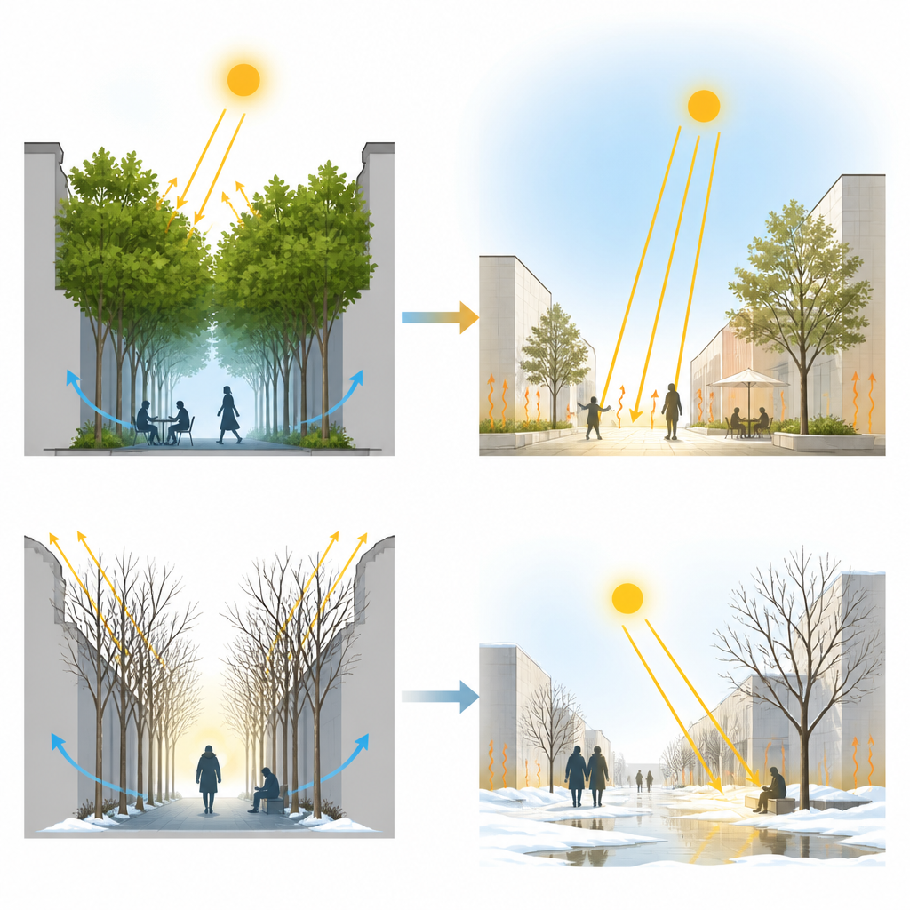 Figure 2. In che modo diverse quantità di cielo visibile e ombra modificano il calore estivo e il tepore invernale per le persone che usano strade e piazze cittadine.