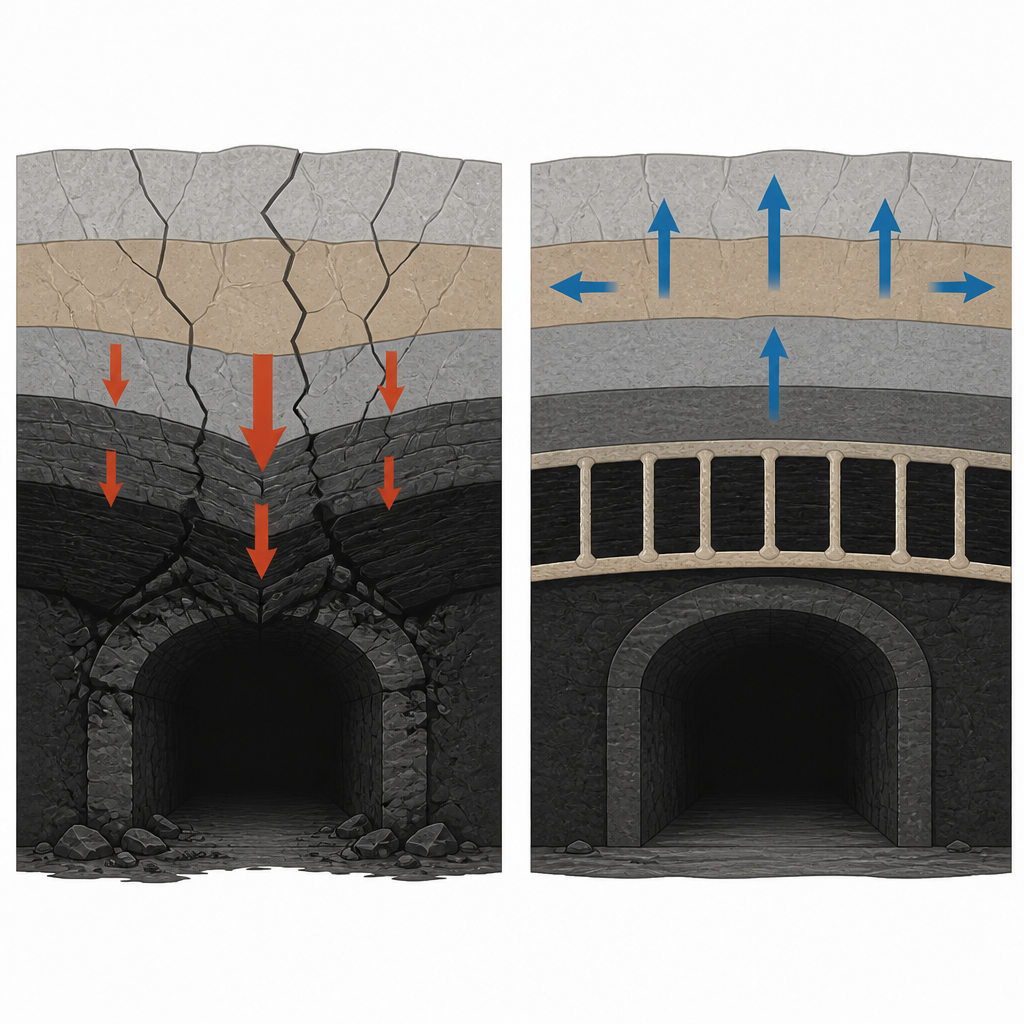 Figure 1. Hoe gefaseerde injectie een gebarsten mijnendak verandert in een stabiele gelaagde balk boven een ondergrondse tunnel.