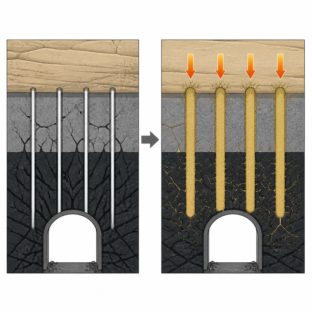 Figure 2. Hoe groutkolommen gebroken koollagen verbinden met sterk gesteente zodat lasten scheuren omzeilen en het tunneldak stabiel blijft.