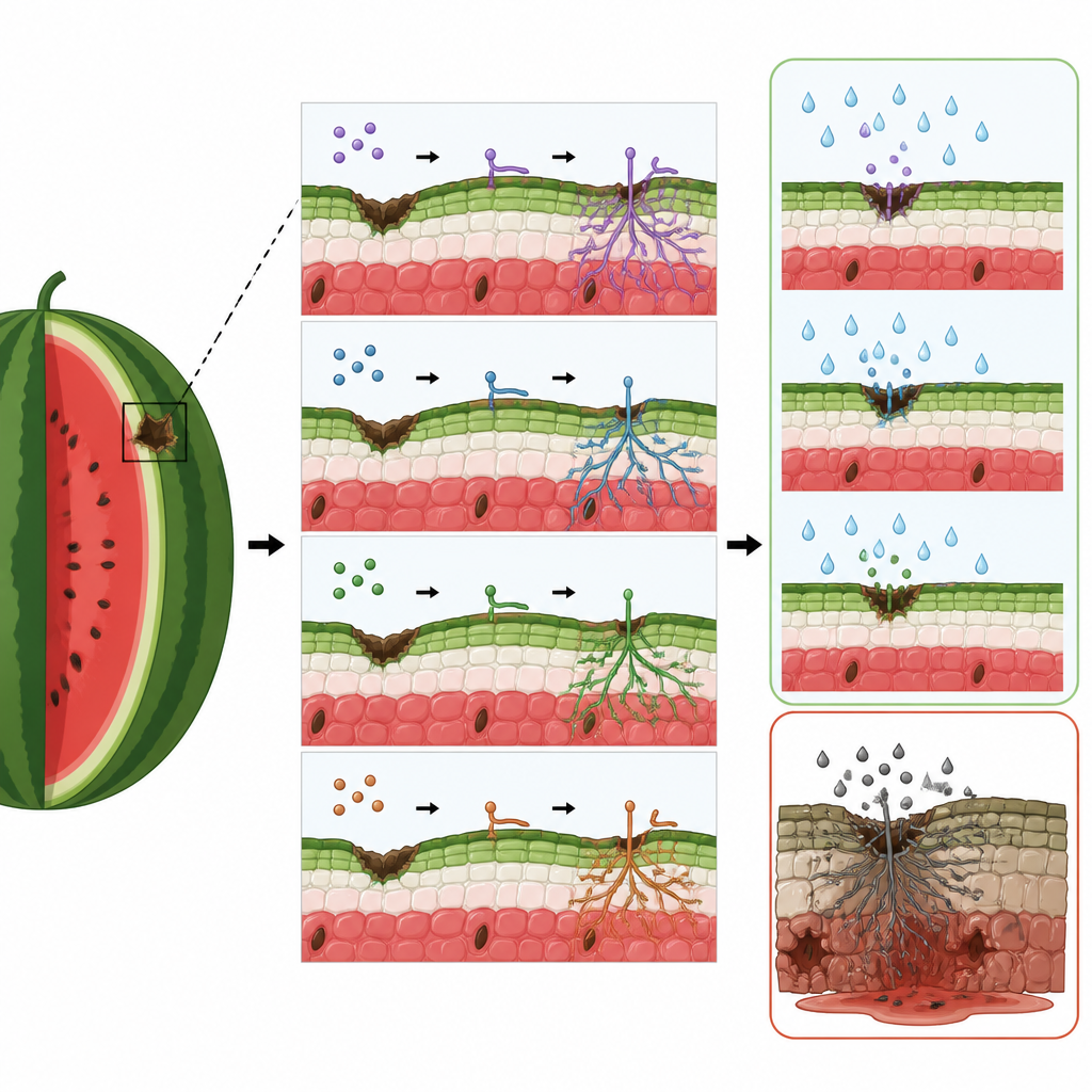 Figure 2. Le spore fungine invadono i tessuti feriti dell’anguria, ma alcuni fungicidi ne bloccano la diffusione e mantengono il frutto integro.
