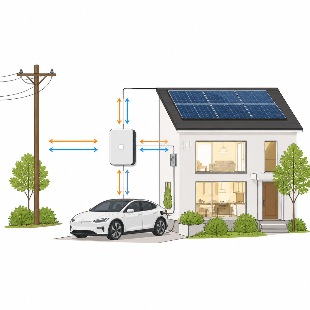 Figure 1. Hoe een elektrische auto, woning, zonnepanelen en net energie delen via één slimme tweerichtingslader.