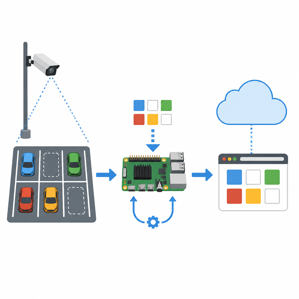 Figure 2. Camera watches parking row, local device detects cars, cloud dashboard shares live free space information.