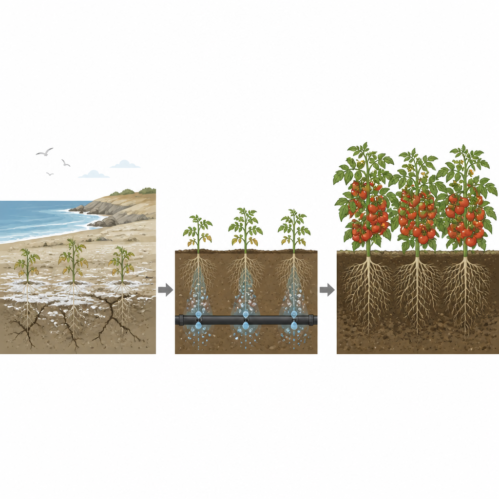 Figure 1. Wie blasenreiches Tröpfchenwasser Tomaten auf salzigen Küstenböden zum Gedeihen verhilft.
