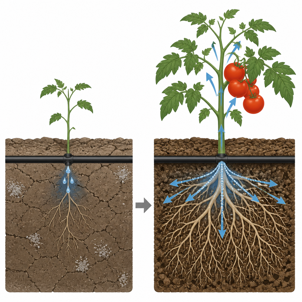 Figure 2. Wie belüftete Tröpfchenleitungen das Wurzelwachstum im salzigen Boden verändern, um Tomatenertrag und Fruchtqualität zu steigern.
