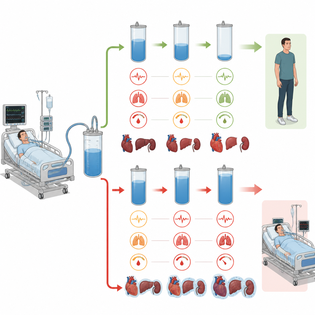 Figure 2. Het verwijderen van overtollig vocht na de initiële sepsisbehandeling beschermt organen, terwijl aanhoudende vochtophoping leidt tot orgaanfalen.