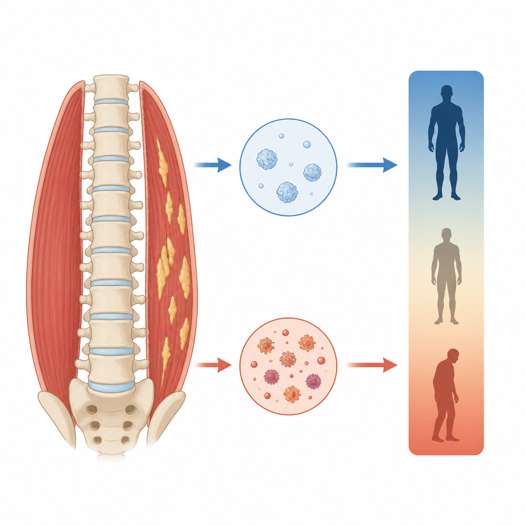 Figure 2. العضلات الخلفية الأرق والأكثر دهنية والمستويات المرتفعة للالتهاب مرتبطة بارتفاع مخاطر الوفاة بعد التهاب الرئة.