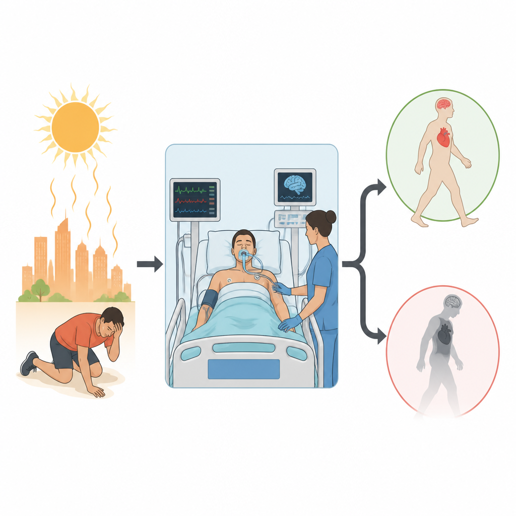 Figure 1. How severe heat and ICU assessment together shape survival paths for patients with heatstroke.