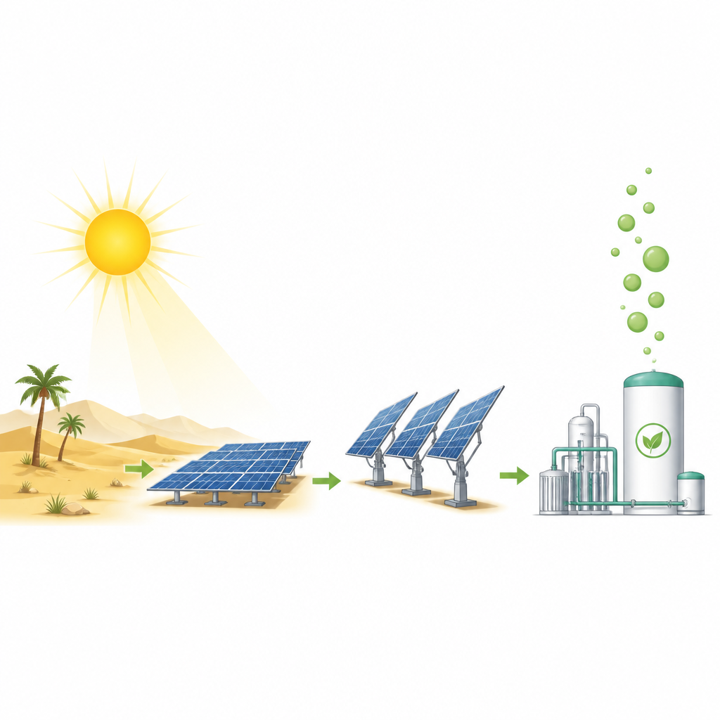 Figure 1. Farklı güneş paneli düzenlerinin yalnızca güneş enerjisiyle çalışan bir temiz hidrojen tesisine nasıl enerji sağladığı.